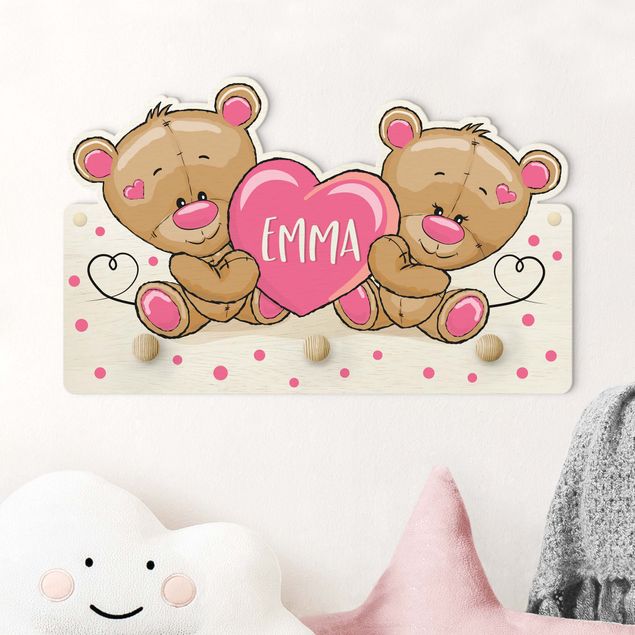 Coat rack for children - Heart Bears With Customised Name Pink