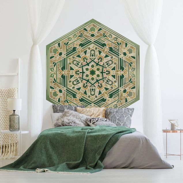 Self-adhesive hexagonal pattern wallpaper - Hexagonal Mandala In Green With Gold