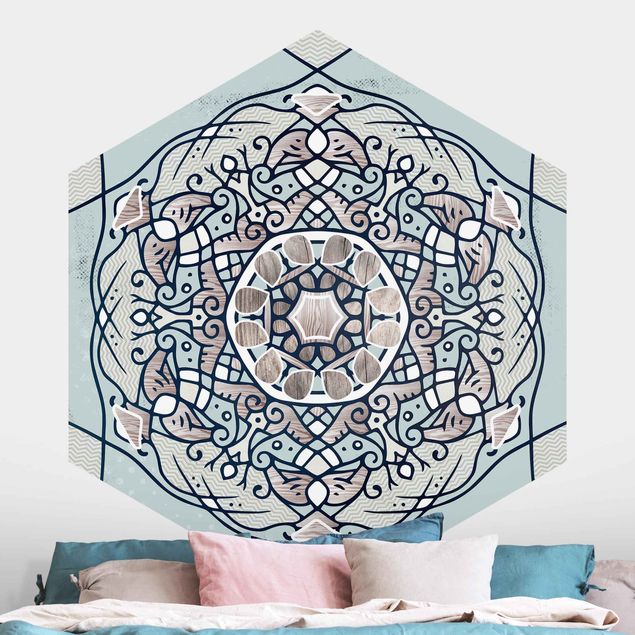 Self-adhesive hexagonal wall mural Hexagonal Mandala In Light Blue