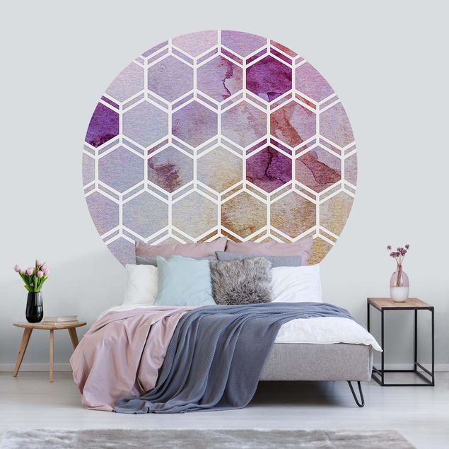 Self-adhesive round wallpaper - Hexagonal Dreams Watercolour In Berry