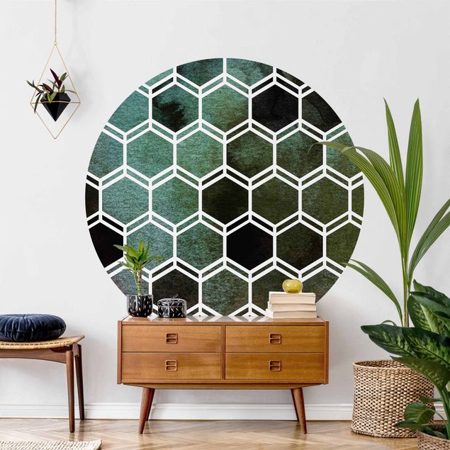 Self-adhesive round wallpaper - Hexagonal Dreams Watercolour In Green