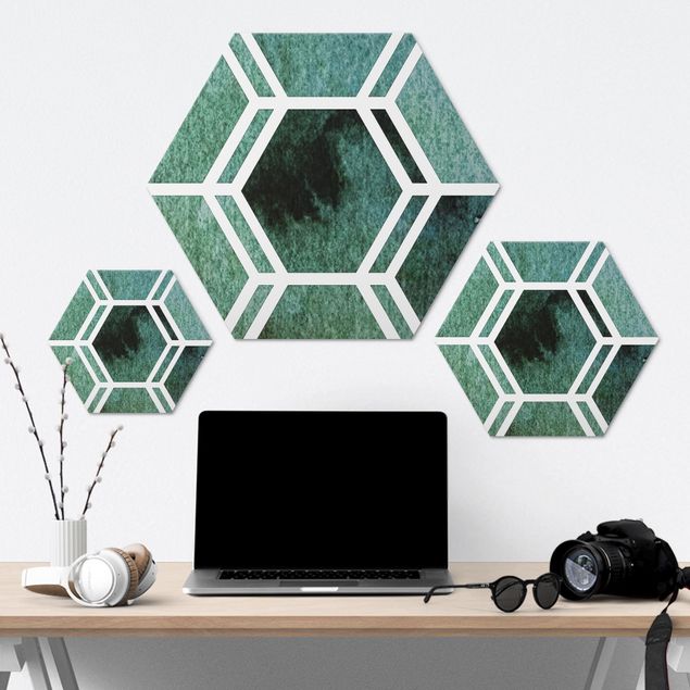 Alu-Dibond hexagon - Hexagonal Dreams Watercolour In Green