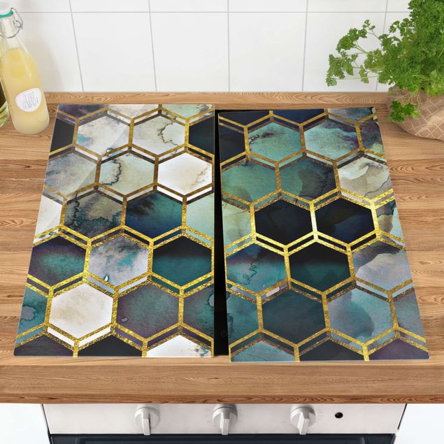 Stove top covers - Hexagonal Dreams Watercolour With Gold