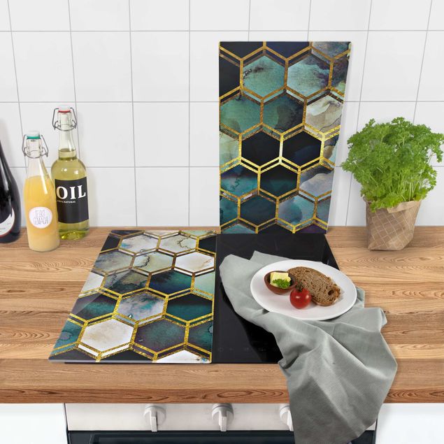 Stove top covers - Hexagonal Dreams Watercolour With Gold