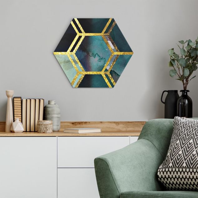 Alu-Dibond hexagon - Hexagonal Dreams Watercolour With Gold