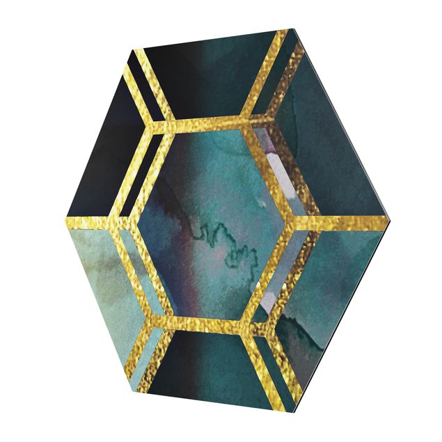 Alu-Dibond hexagon - Hexagonal Dreams Watercolour With Gold