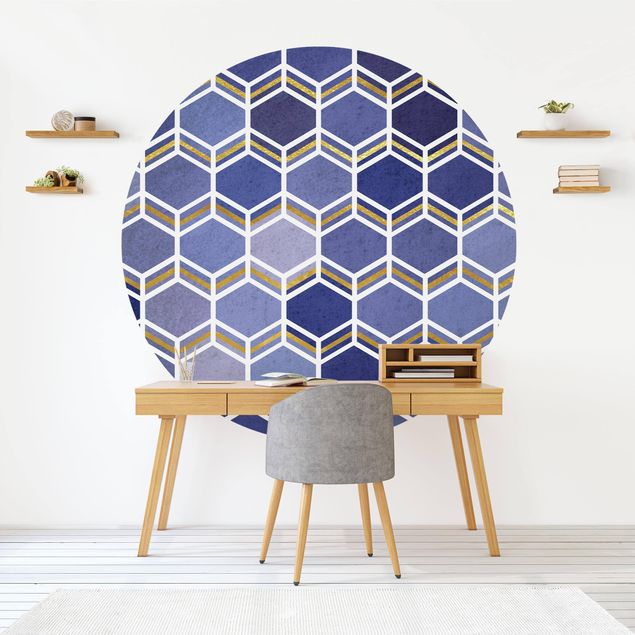 Self-adhesive round wallpaper - Hexagonal Dreams Pattern In Indigo