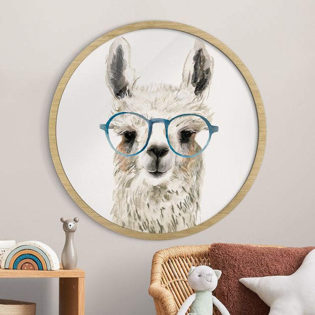 Framed prints round Hip Lama With Glasses Ill