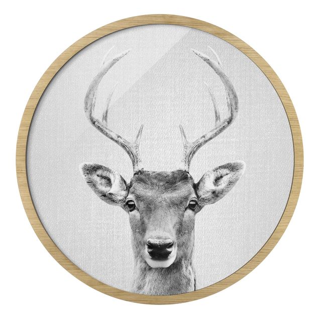 Circular framed print - Deer Heinrich Black And White