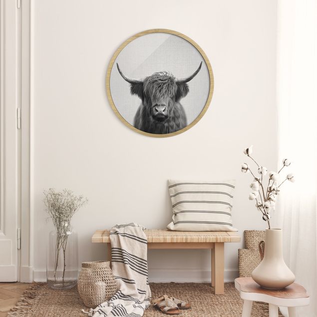 Circular framed print - Highland Cow Harry Black And White