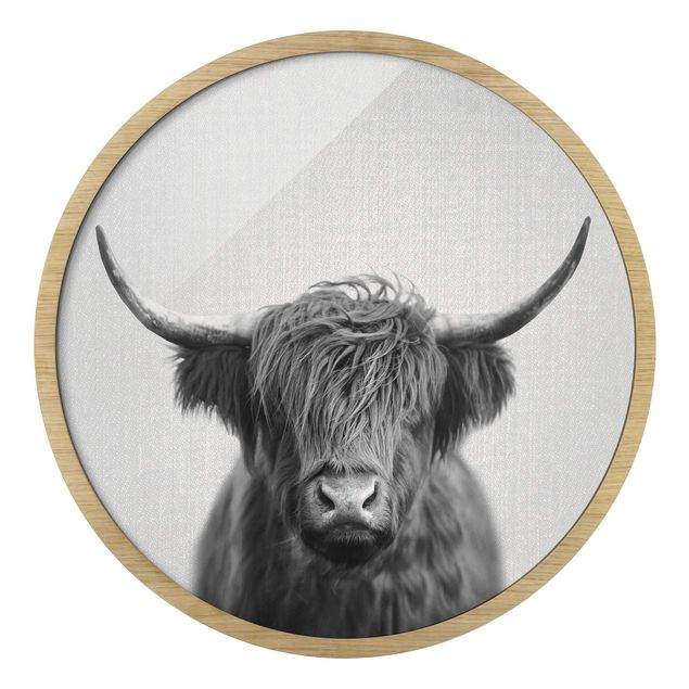 Circular framed print - Highland Cow Harry Black And White