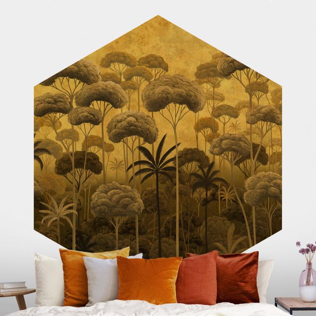 Hexagonal wallpapers Tall Trees in the Jungle in Golden Tones