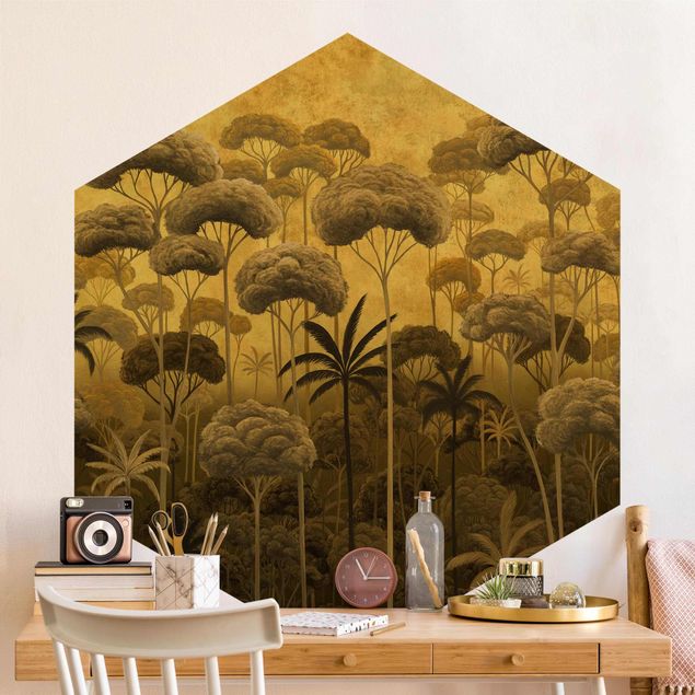 Self-adhesive hexagonal wallpaper - Tall Trees in the Jungle in Golden Tones