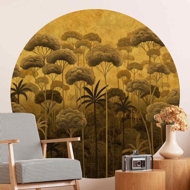 Self-adhesive round wallpaper - Tall Trees in the Jungle in Golden Tones