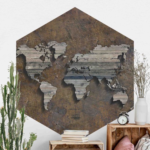 Hexagonal wall mural Wooden Grid World Map