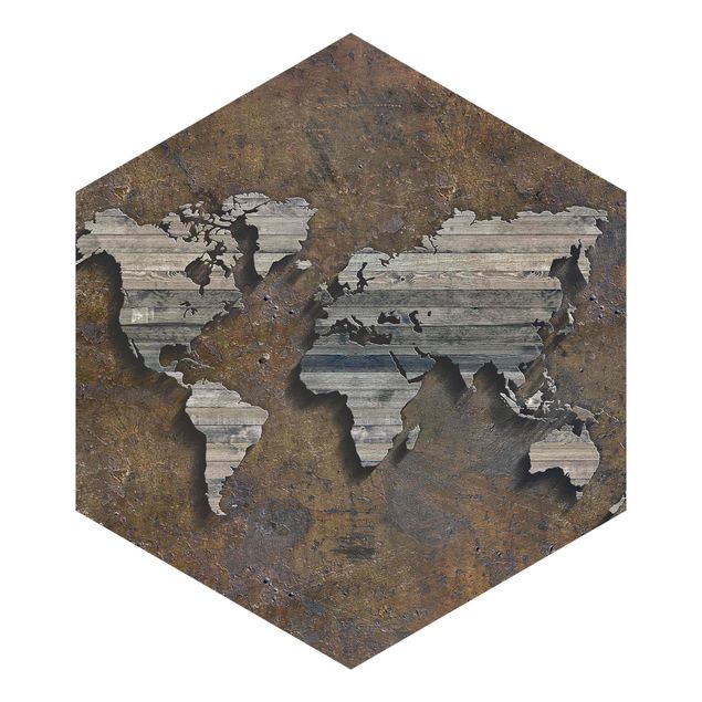 Self-adhesive hexagonal wall mural - Wooden Grid World Map