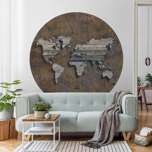Self-adhesive round wallpaper - Wooden Grid World Map