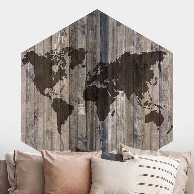 Hexagonal wall mural Wooden World Map