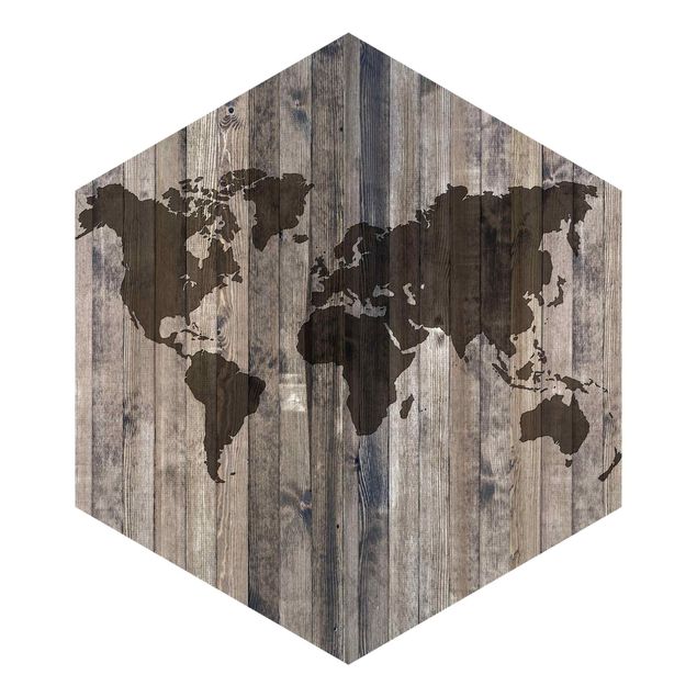 Self-adhesive hexagonal wall mural - Wooden World Map