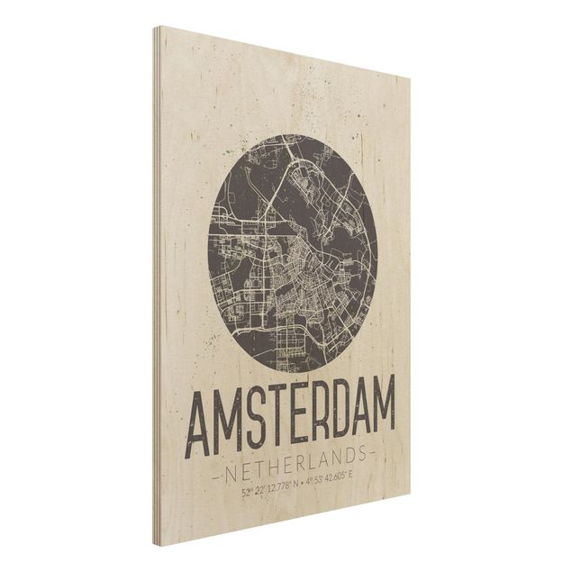 Wood print - Amsterdam City Map - Retro