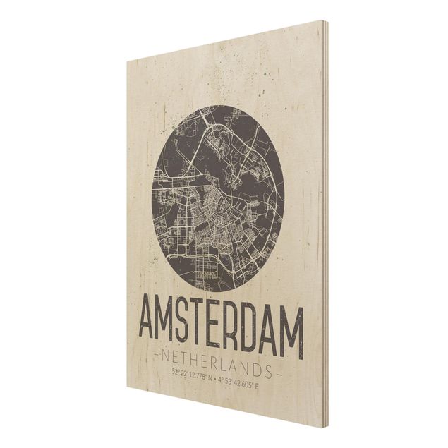 Wood print - Amsterdam City Map - Retro