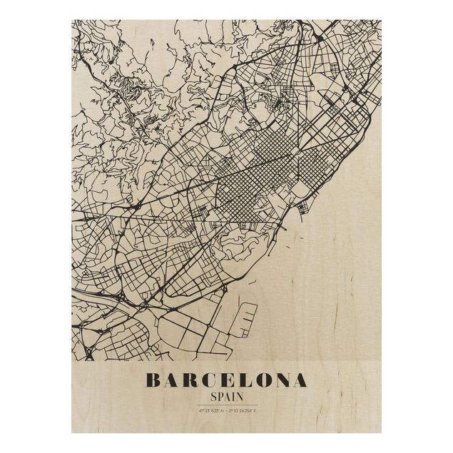 Wood print - Barcelona City Map - Classic