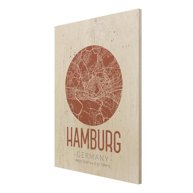 Wood print - Hamburg City Map - Retro