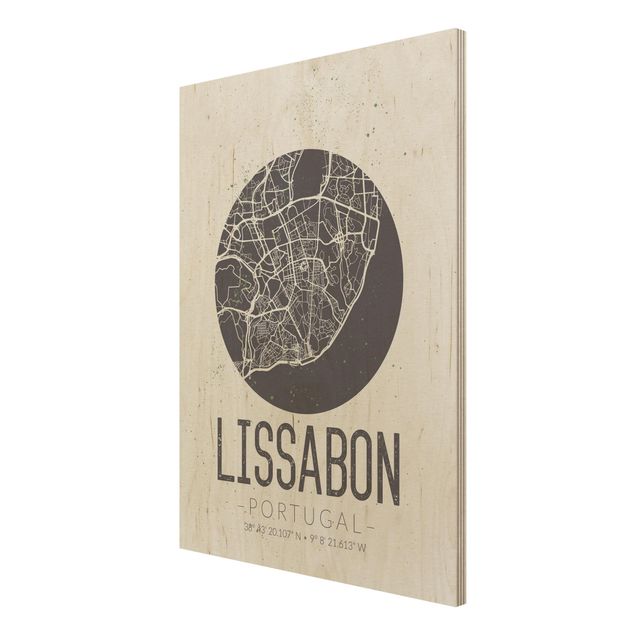 Wood print - Lisbon City Map - Retro