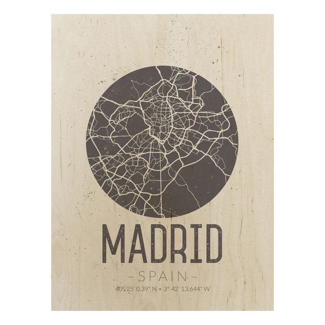 Wood print - Madrid City Map - Retro