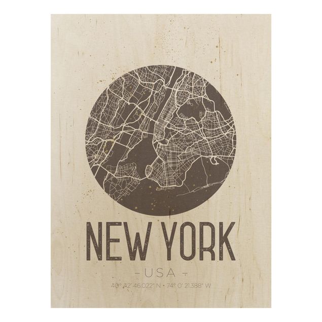 Wood print - New York City Map - Retro