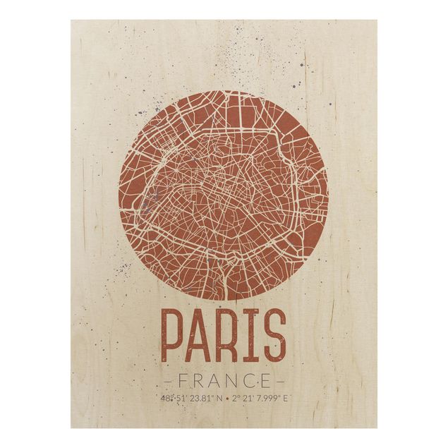 Wood print - City Map Paris - Retro