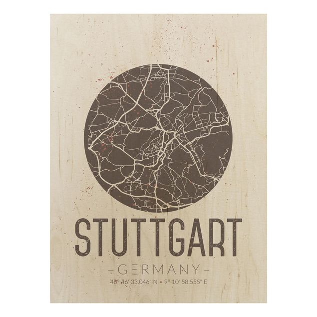 Wood print - Stuttgart City Map - Retro