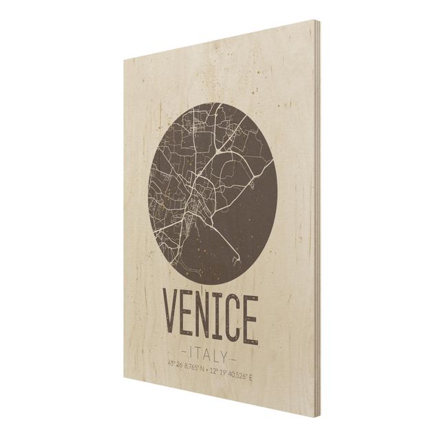 Wood print - Venice City Map - Retro