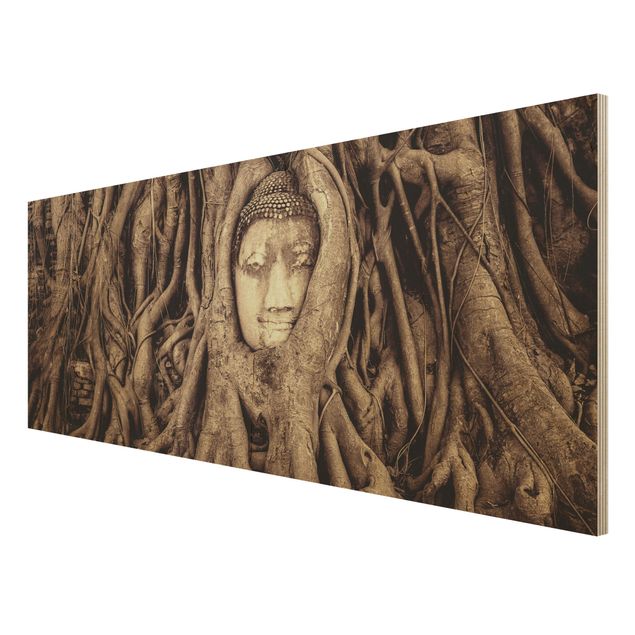 Wood print - Buddha In Ayutthaya Lined From Tree Roots In Brown