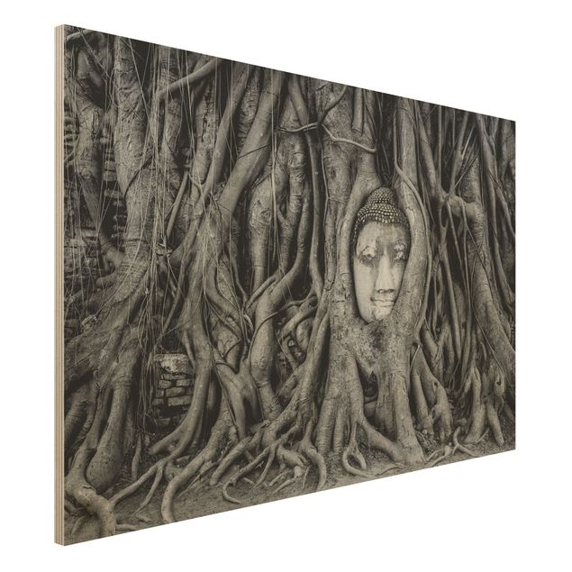 Wood print - Buddha In Ayutthaya Lined From Tree Roots In Black And White