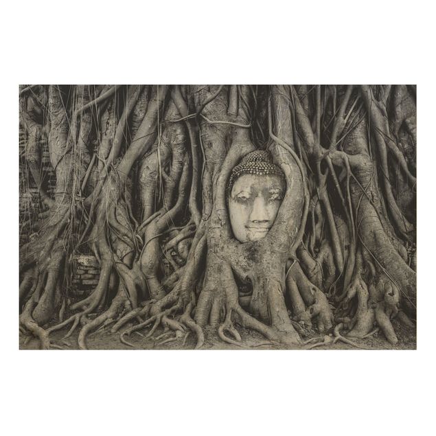 Wood print - Buddha In Ayutthaya Lined From Tree Roots In Black And White
