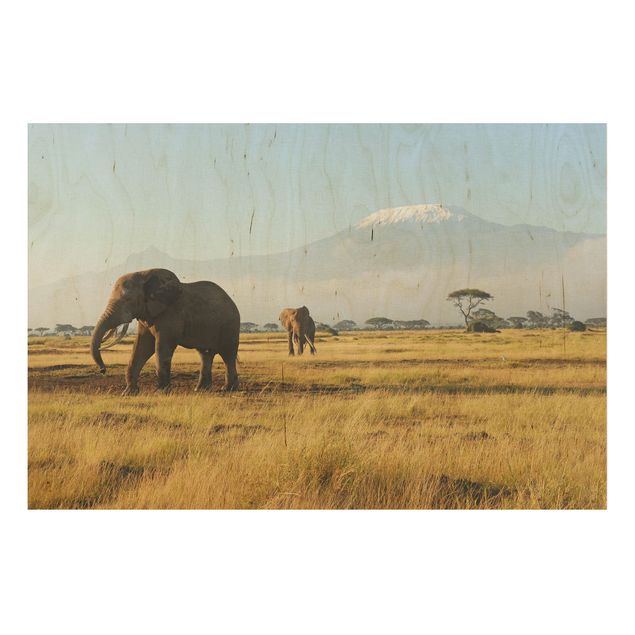 Wood print - Elephants In Front Of The Kilimanjaro In Kenya