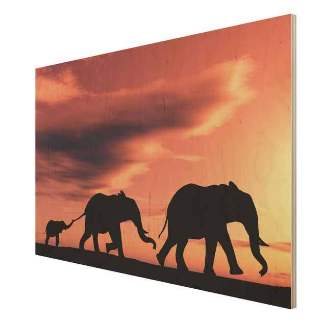 Wood print - Savannah Elephant Family