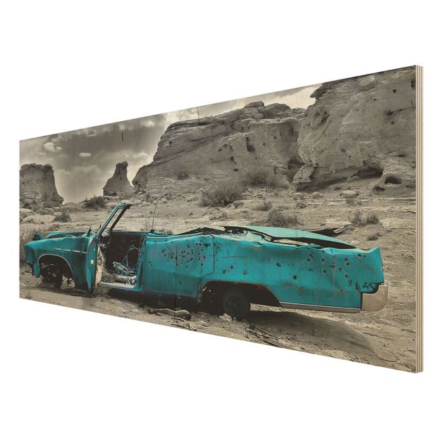 Wood print - Turquoise Cadillac