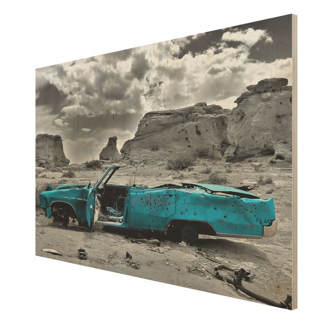 Wood print - Turquoise Cadillac