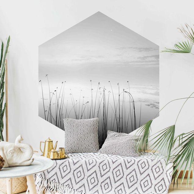 Self-adhesive hexagonal pattern wallpaper - Idyllic Lakeside In Black And White