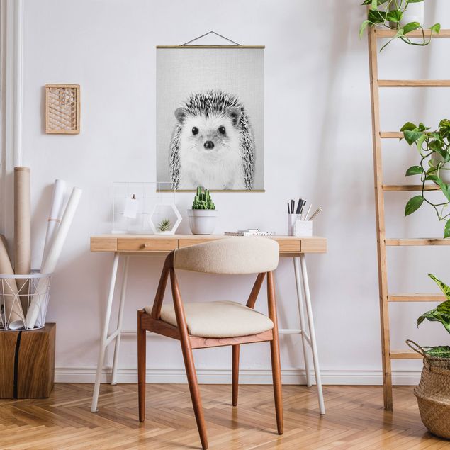 Fabric print with poster hangers - Hedgehog Ingolf Black And White - Portrait format 3:4