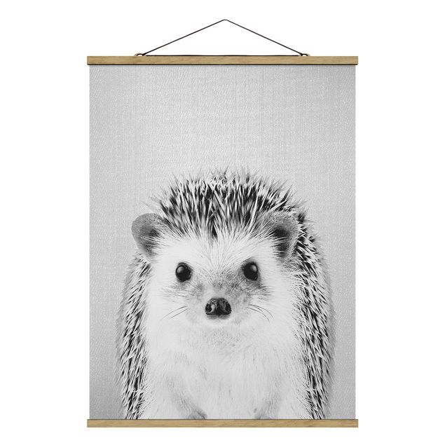 Fabric print with poster hangers - Hedgehog Ingolf Black And White - Portrait format 3:4