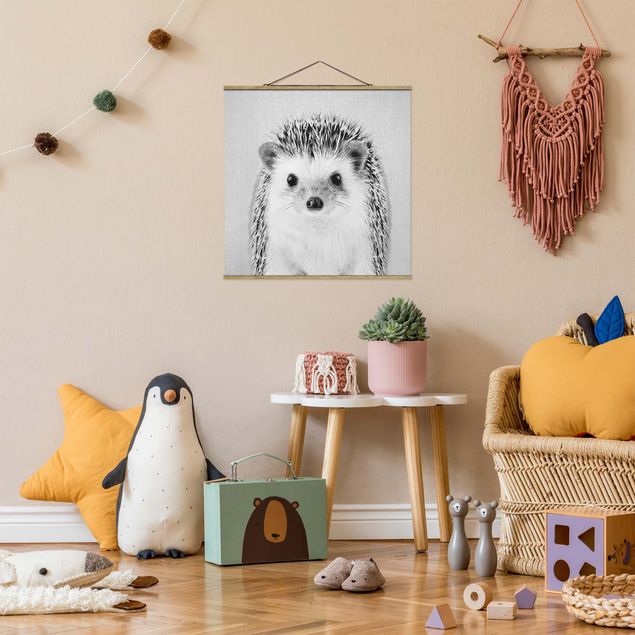 Fabric print with poster hangers - Hedgehog Ingolf Black And White - Square 1:1