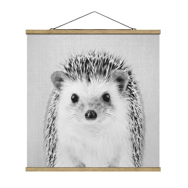 Fabric print with poster hangers - Hedgehog Ingolf Black And White - Square 1:1