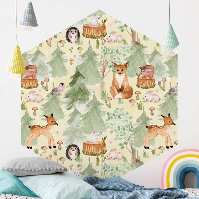 Hexagonal wallpapers Hedgehog And Fox With Trees Green