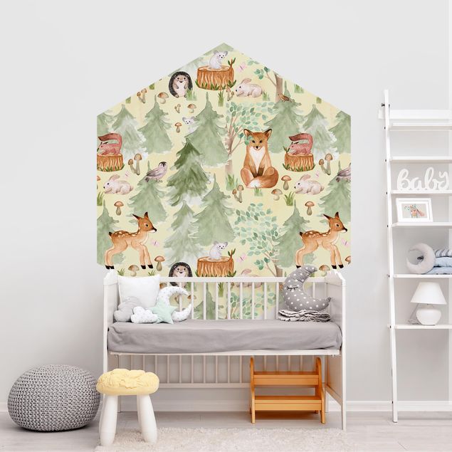 Self-adhesive hexagonal pattern wallpaper - Hedgehog And Fox With Trees Green