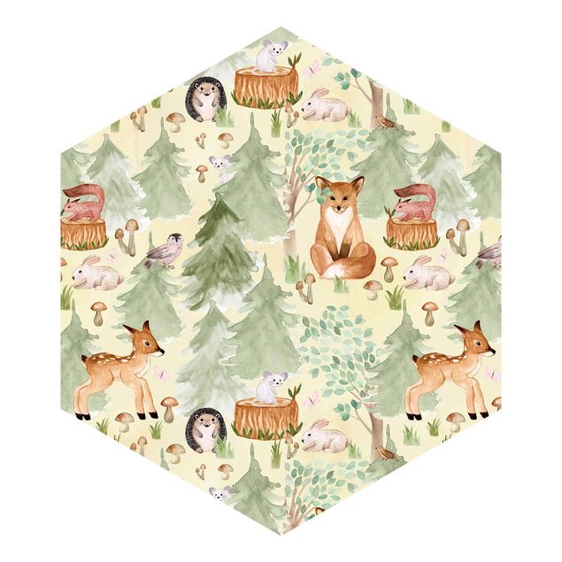 Self-adhesive hexagonal pattern wallpaper - Hedgehog And Fox With Trees Green