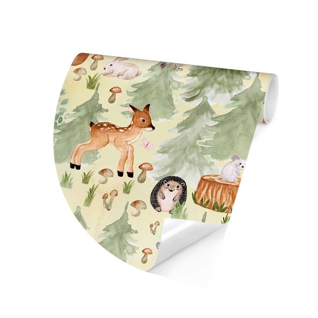 Self-adhesive round wallpaper kids - Hedgehog And Fox With Trees Green