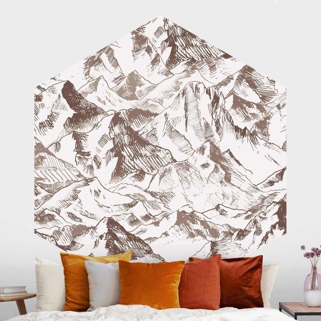 Self-adhesive hexagonal wall mural Illustration Mountain Landscape Sepia